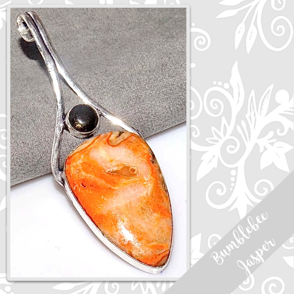 Bumblebee Jasper, Obsidian Large Silver Artisan Pendant, 3” Orange, Gold, Black